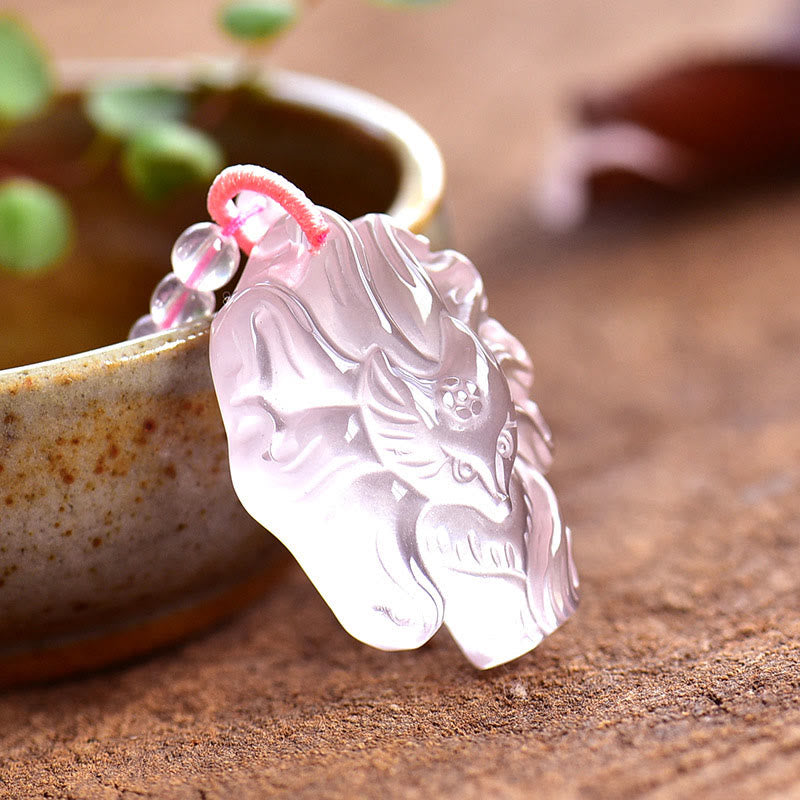 Stone of buddha Natural Pink Crystal Nine Tailed Fox Love Necklace Pendant
