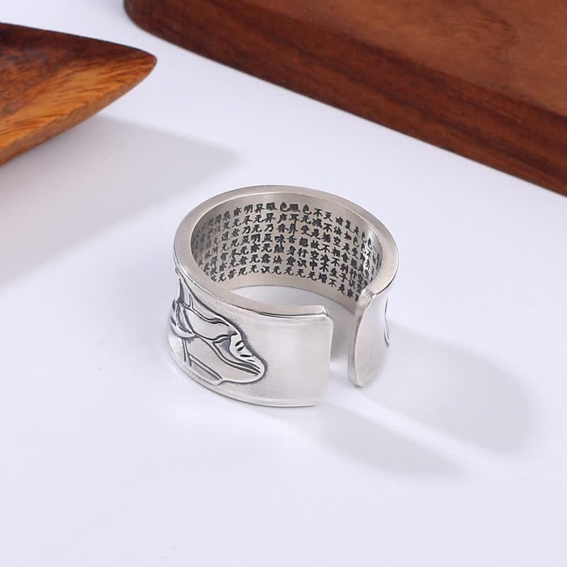 Stone of buddha 999 Sterling Silver Lotus Flower Heart Sutra Protection Ring