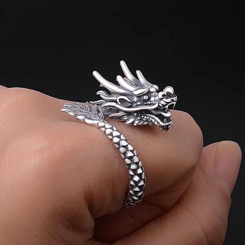 Stone of buddha 990 Sterling Silver Vintage Dragon Design Luck Protection Strength Adjustable Ring