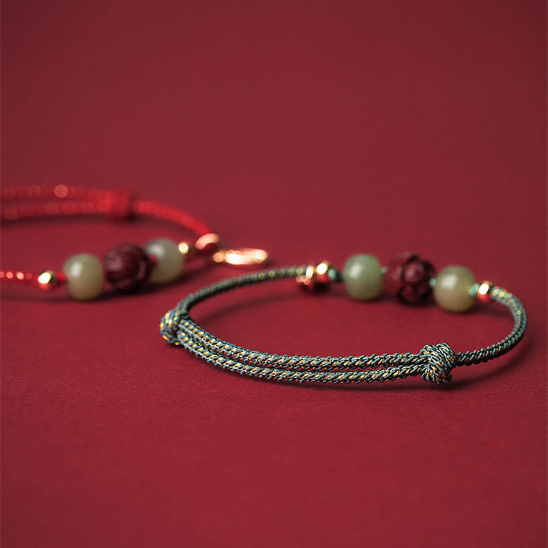 Stone of buddha 14K Gold Plated Hetian Jade Cinnabar Lotus Luck Handcrafted Rope Bracelet