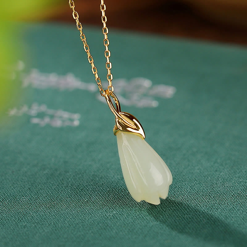 Stone of buddha 925 Sterling Silver Plated Gold Natural Hetian Jade Magnolia Flower Abundance Necklace Pendant