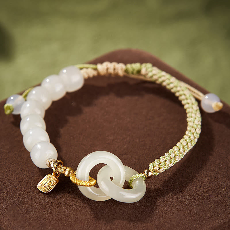 Stone of buddha Natural Hetian Jade Bead Double Peace Buckle Fu Character Abundance Braided Bracelet