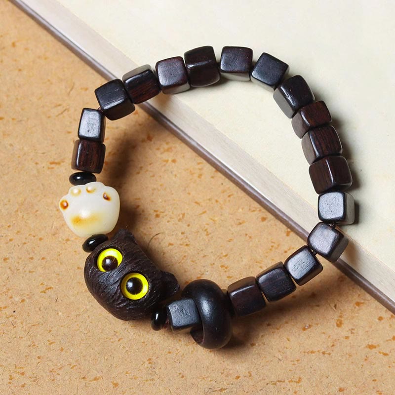 Stone of buddha Ebony Wood Cute Cat Bodhi Seed Paw Claw Square Beads Calm Bracelet