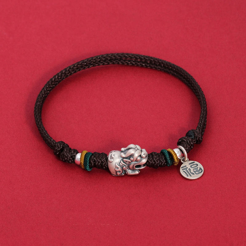 Stone of buddha 925 Sterling Silver PiXiu Fu Character Wealth Luck Handmade Braided Bracelet