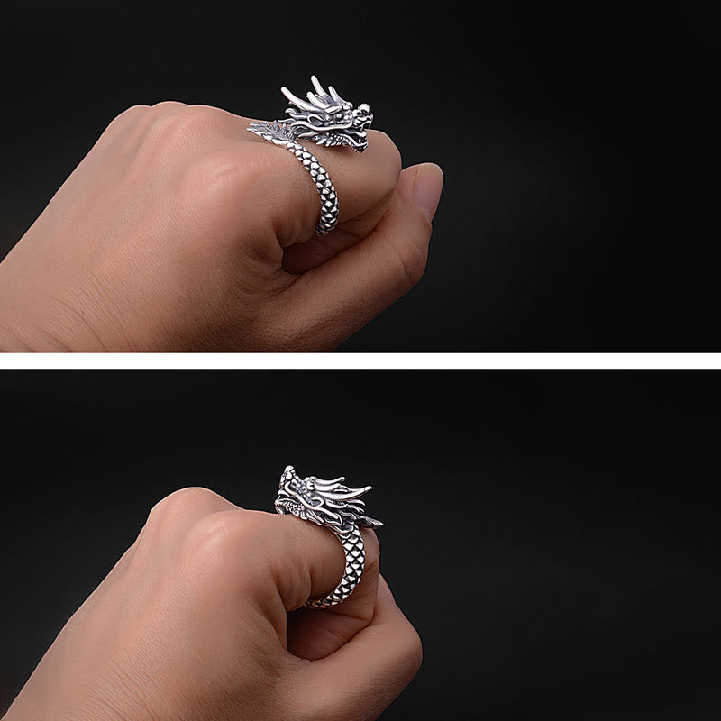 Stone of buddha 990 Sterling Silver Vintage Dragon Design Luck Protection Strength Adjustable Ring