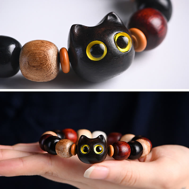 Stone of buddha Small Leaf Red Sandalwood Ebony Wood Cute Cat Engraved Protection Bracelet