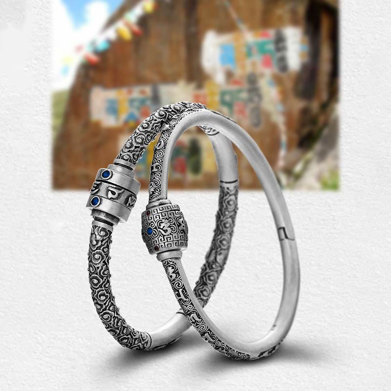 Stone of buddha 990 Sterling Silver Tibetan Auspicious Clouds Om Mani Padme Hum Engraved Creativity Bracelet Bangle