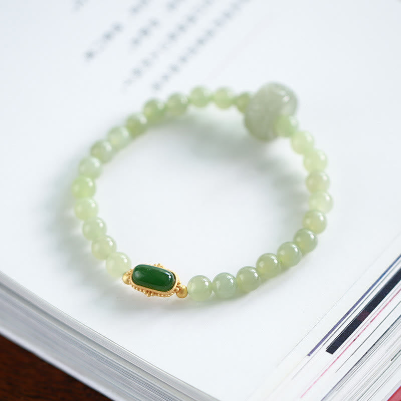 Stone of buddha 925 Sterling Silver Plated Gold Natural Hetian Jade Bead Gourd Lotus Bamboo Fu Character Luck Bracelet