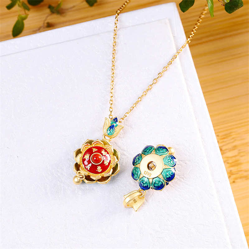 Stone of buddha 925 Sterling Silver Tibet Lotus Prayer Wheel Red Agate Enlightenment Necklace Pendant
