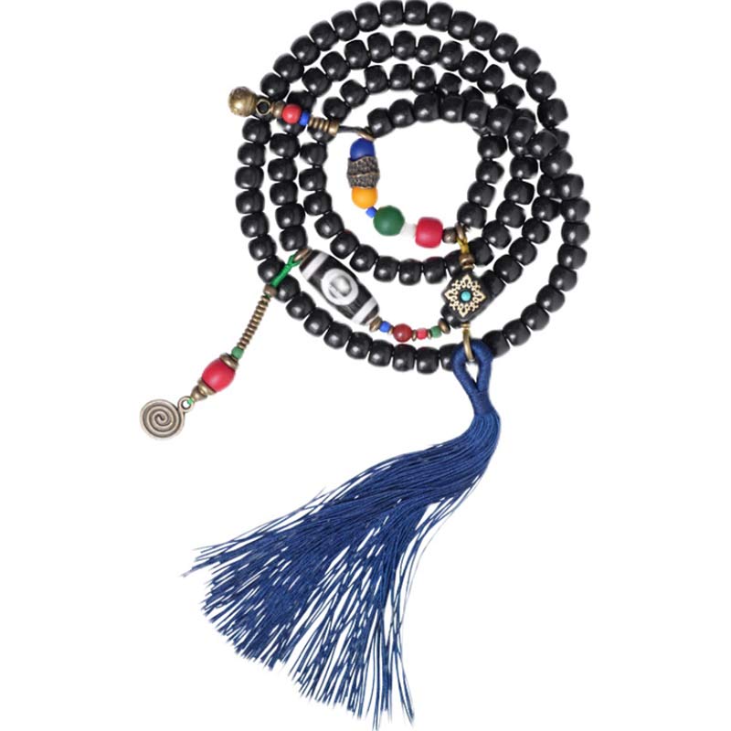 Stone of buddha 108 Beads Mala Ebony Wood Dzi Bead Copper Balance Tassel Bracelet