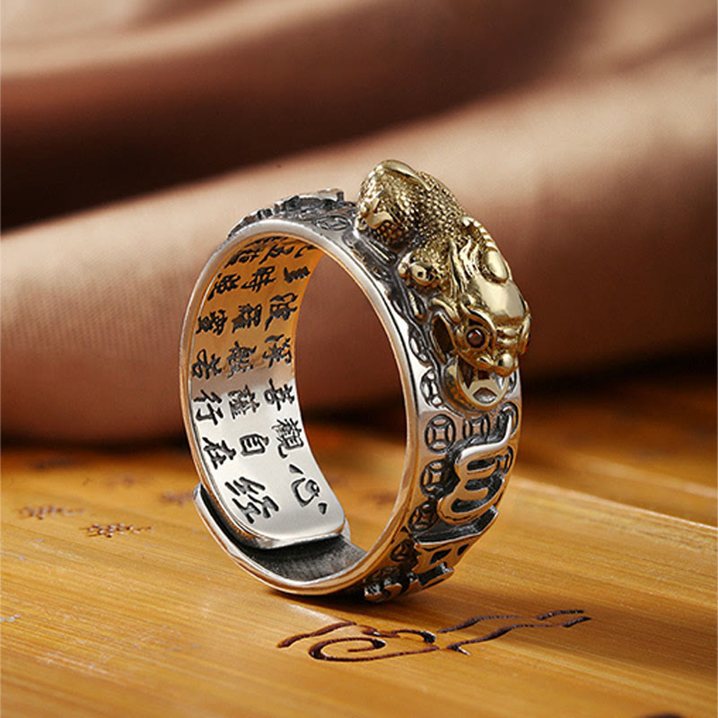 Stone of buddha Tibetan 990 Sterling Silver Om Mani Padme Hum PiXiu Dorje Vajra Heart Sutra Engraved Wealth Ring