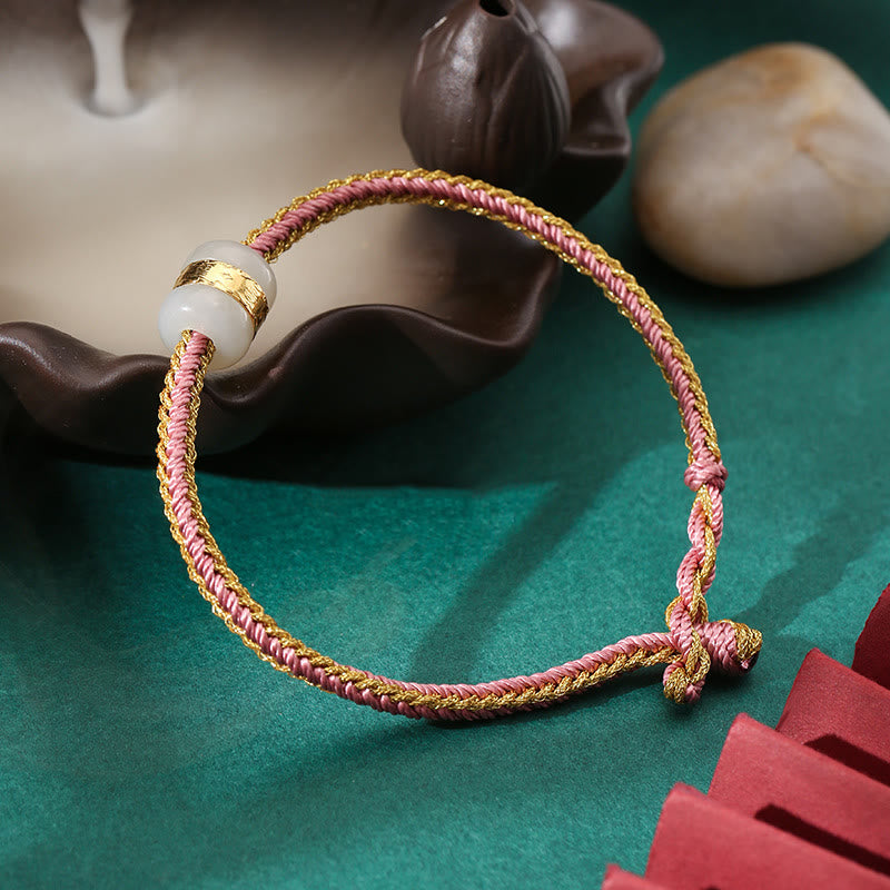 Stone of buddha 999 Gold Hetian White Jade Om Mani Padme Hum Fu Character Luck Braided Bracelet