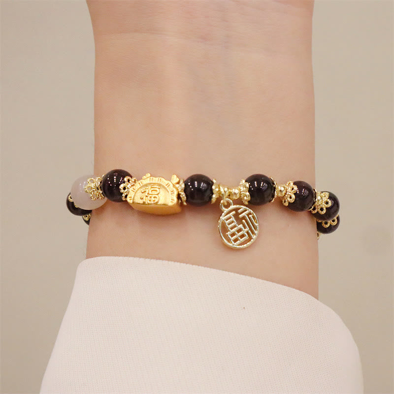 Stone of buddha Year Of The Dragon Red Agate Strawberry Quartz Black Obsidian Jade Garnet Pearl Cinnabar Dumpling Dragon Luck Fu Character Bracelet