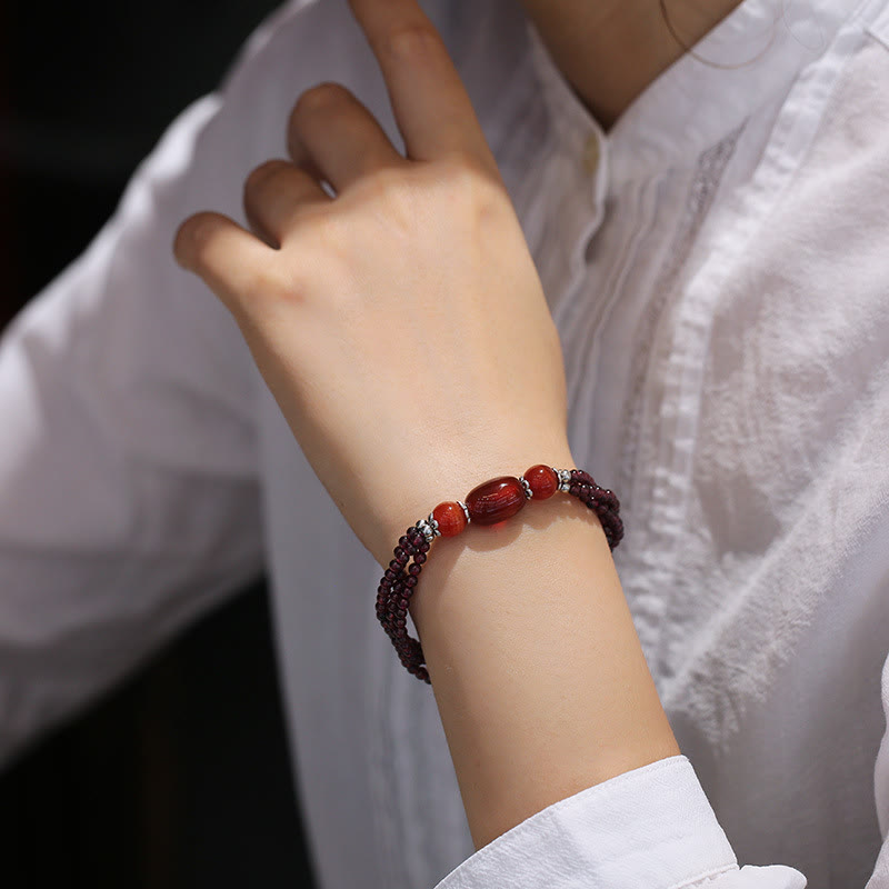 Stone of buddha Natural Garnet Red Agate Protection Triple Layer Bracelet