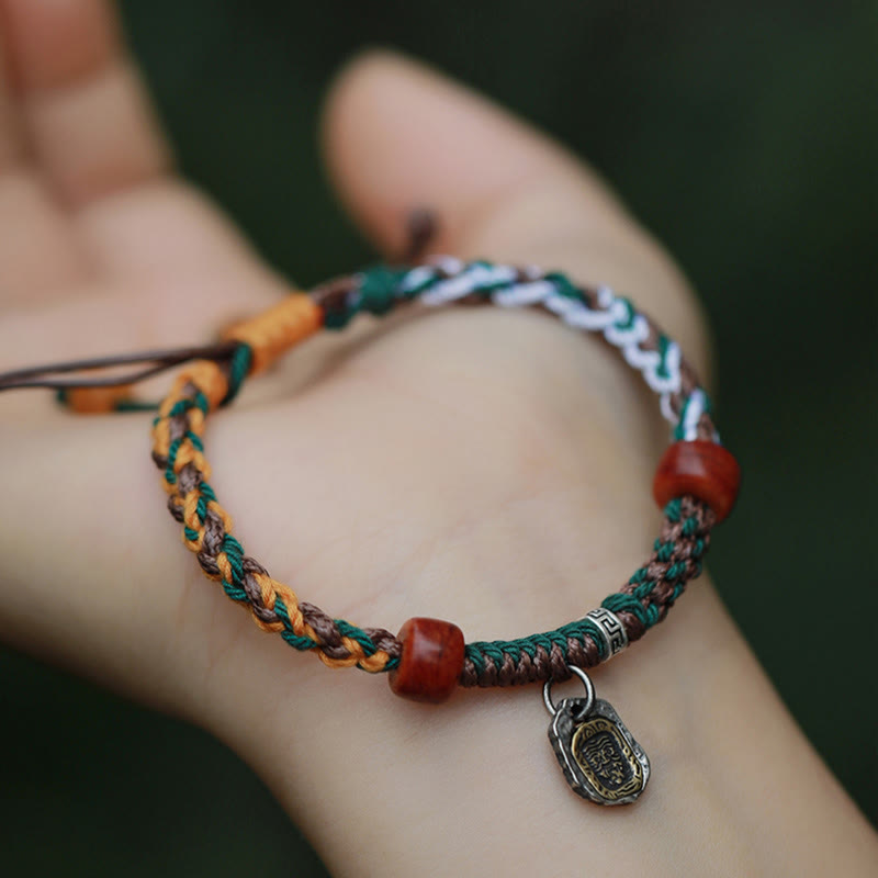 Stone of buddha Handmade Tibetan Silver 925 Sterling Silver Zakiram Goddess of Wealth Camel Bone Protection Braided Bracelet
