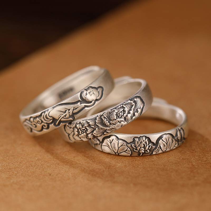 Stone of buddha 999 Sterling Silver Lotus Peony Flower Enlightenment Ring