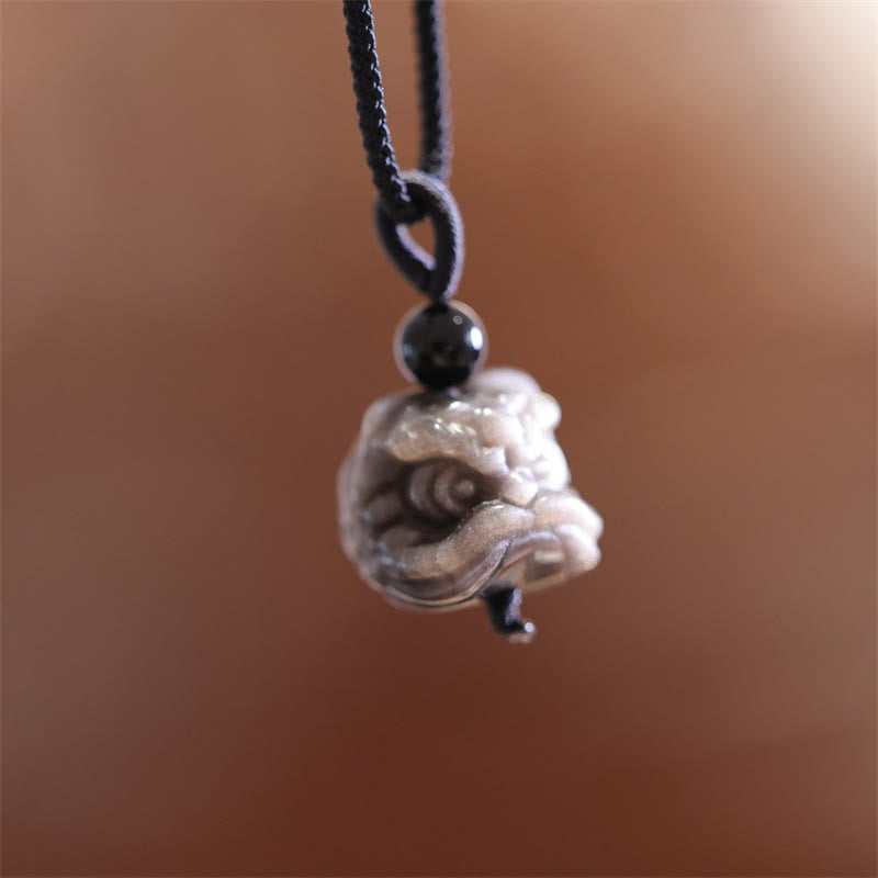Stone of buddha Natural Silver Sheen Obsidian Dancing Lion Protection Necklace Pendant