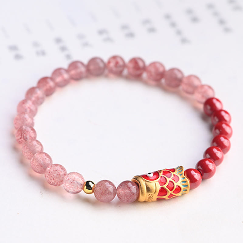 Stone of buddha Natural Strawberry Quartz Cinnabar Lucky Koi Fish Healing Bracelet