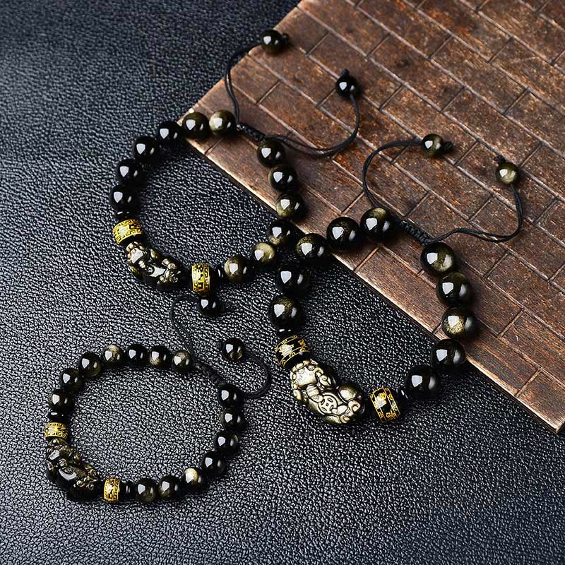 Stone of buddha Natural Gold Sheen Obsidian PiXiu Om Mani Padme Hum Wealth Braided Bracelet