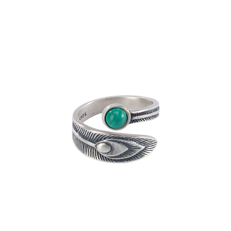 Stone of buddha 925 Sterling Silver Malachite Bead Feather Protection Ring
