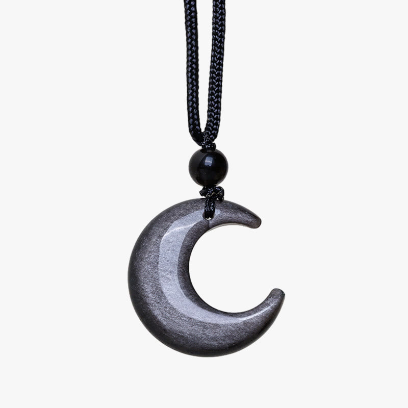 Stone of buddha Natural Silver Sheen Obsidian Selenite Crystal Crescent Moon Yin Yang Couple Protection Necklace Pendant