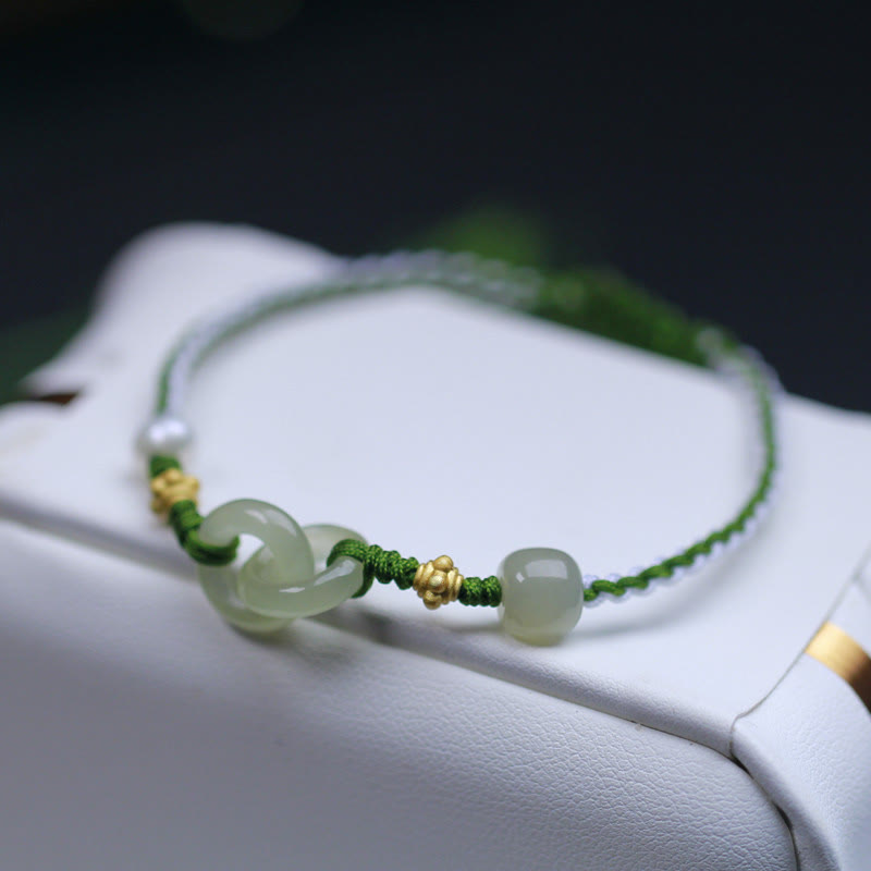Stone of buddha 925 Sterling Silver Hetian Jade Double Peace Buckle Luck Braided Bracelet