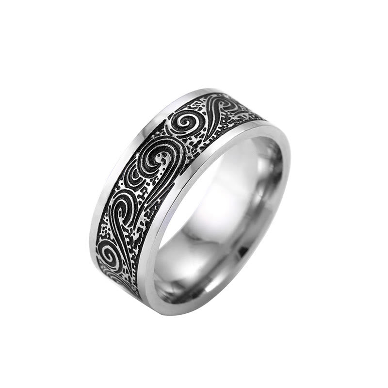 Stone of buddha Vintage Wave Auspicious Clouds Engraved Pattern Titanium Steel Balance Ring