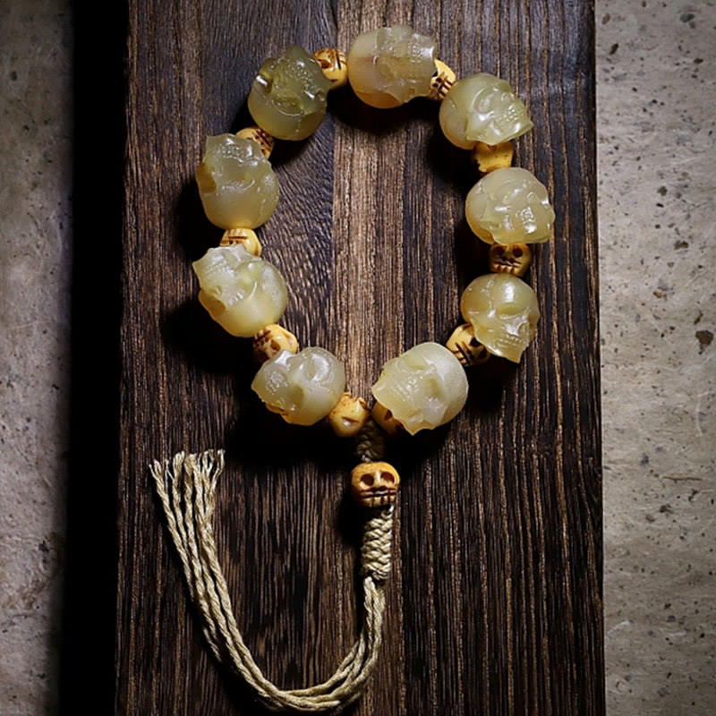 Stone of buddha Handmade Tibetan Sheep Horn Skull The Lord of the Corpse Forest Yak Bone Engraved Luck Bracelet
