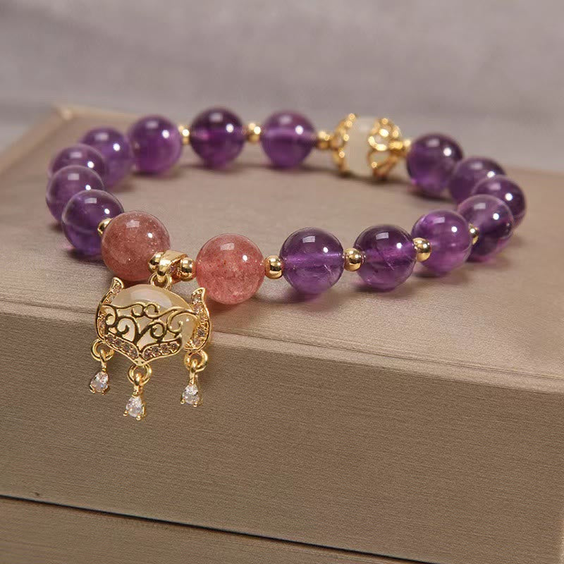 Stone of buddha Natural Amethyst Strawberry Quartz Cat Eye Chinese Lock Charm Healing Bracelet