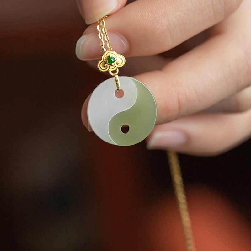 Stone of buddha Yin Yang Jade 18K Gold Luck Prosperity Necklace Pendant