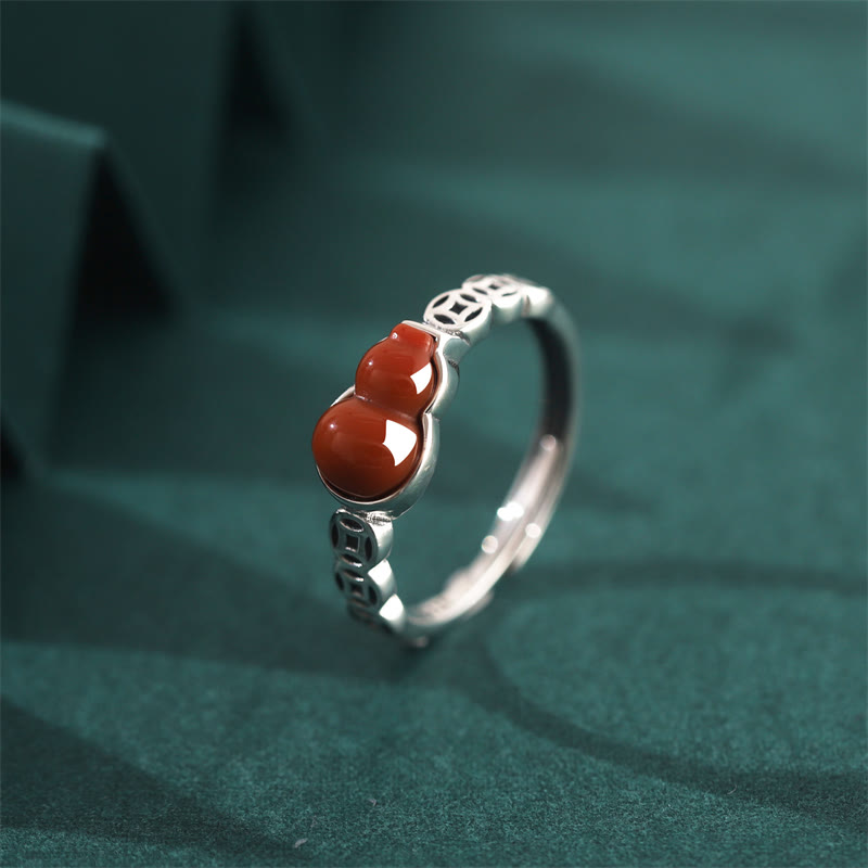 Stone of buddha 925 Sterling Silver Red Agate Gourd Copper Coin Self-acceptance Ring