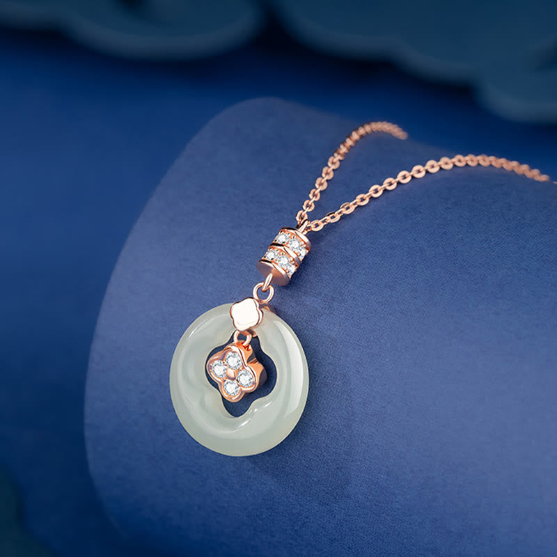 Stone of buddha 925 Sterling Silver Natural Hetian Jade Lucky Four Leaf Clover Zircon Necklace Pendant With Gift Box
