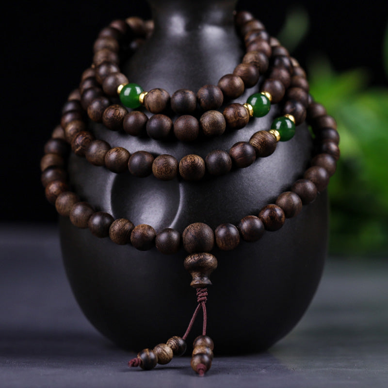 Stone of buddha 108 Mala Beads Indonesia Tarakan Rare Agarwood Cyan Jade Ward Off Evil Spirits Bracelet