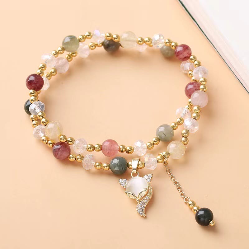 Stone of buddha Multicolored Rutilated Quartz Fox Protection Double Wrap Bracelet