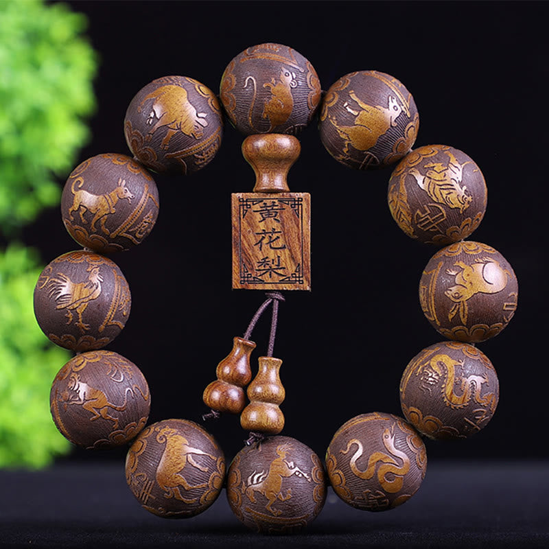 Stone of buddha Chinese Zodiac Rosewood Ebony Boxwood Copper Coin PiXiu Carved Warmth Bracelet