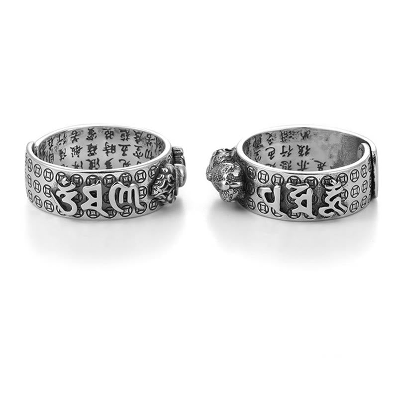 Stone of buddha Tibetan 990 Sterling Silver Om Mani Padme Hum PiXiu Dorje Vajra Heart Sutra Engraved Wealth Ring