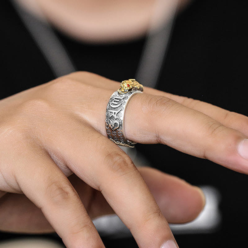 Stone of buddha Tibetan 990 Sterling Silver Om Mani Padme Hum PiXiu Dorje Vajra Heart Sutra Engraved Wealth Ring