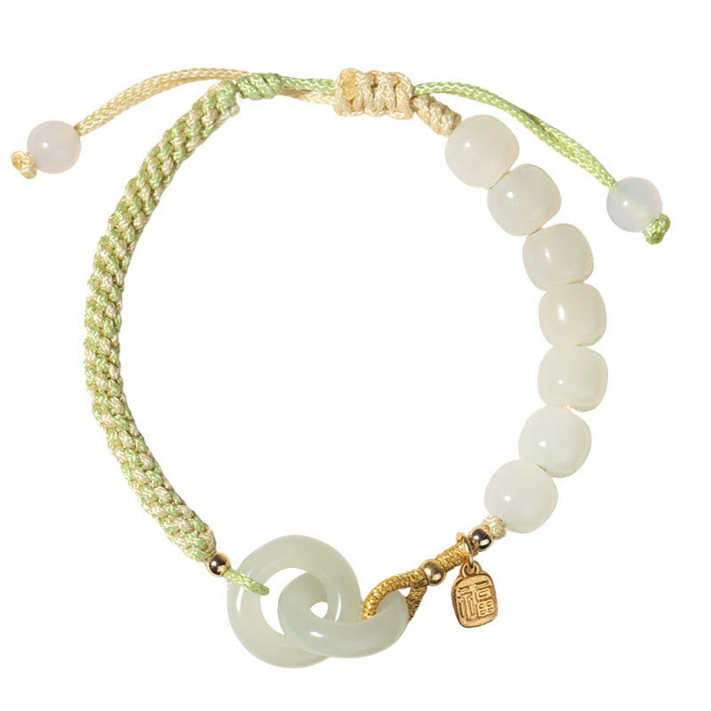 Stone of buddha Natural Hetian Jade Bead Double Peace Buckle Fu Character Abundance Braided Bracelet