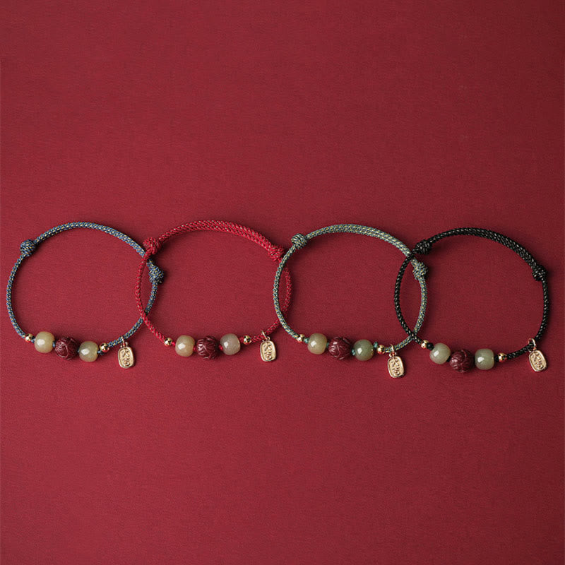Stone of buddha 14K Gold Plated Hetian Jade Cinnabar Lotus Luck Handcrafted Rope Bracelet