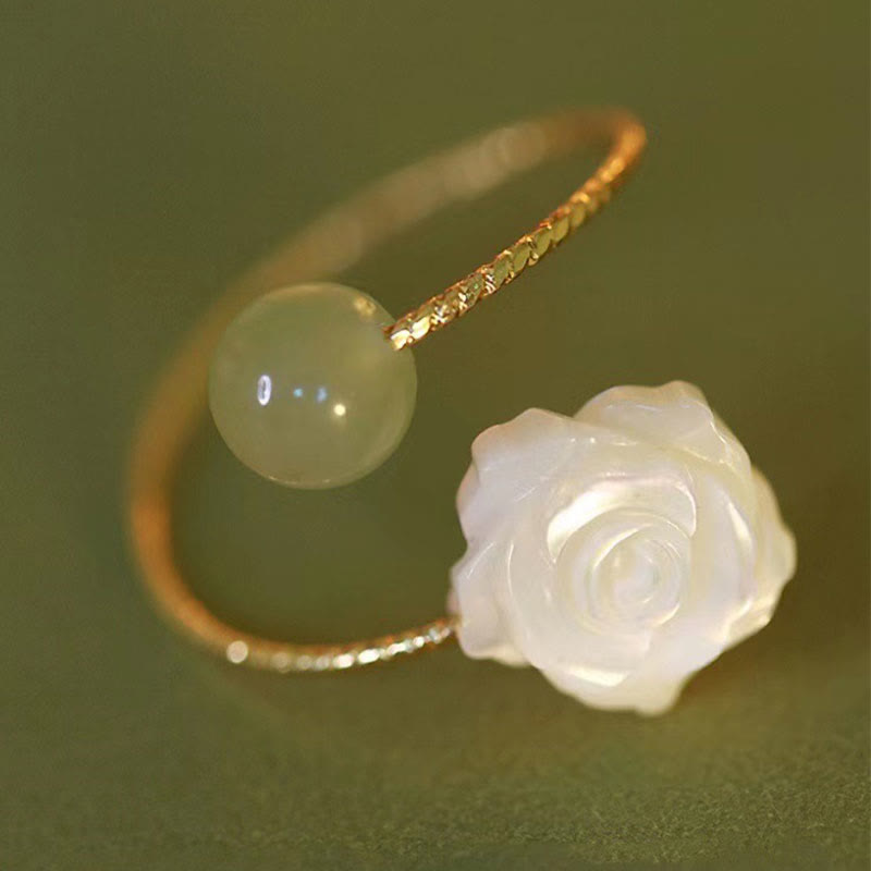 Stone of buddha 14K Gold Plated Tridacna Stone Rose Flower Jade Bead Blessing Ring