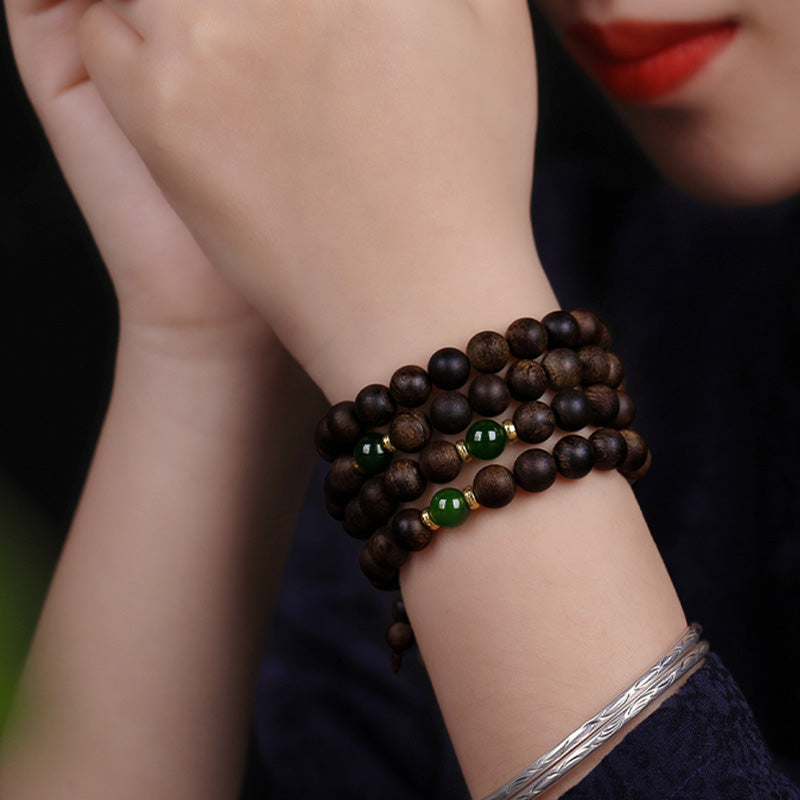 Stone of buddha 108 Mala Beads Indonesia Tarakan Rare Agarwood Cyan Jade Ward Off Evil Spirits Bracelet