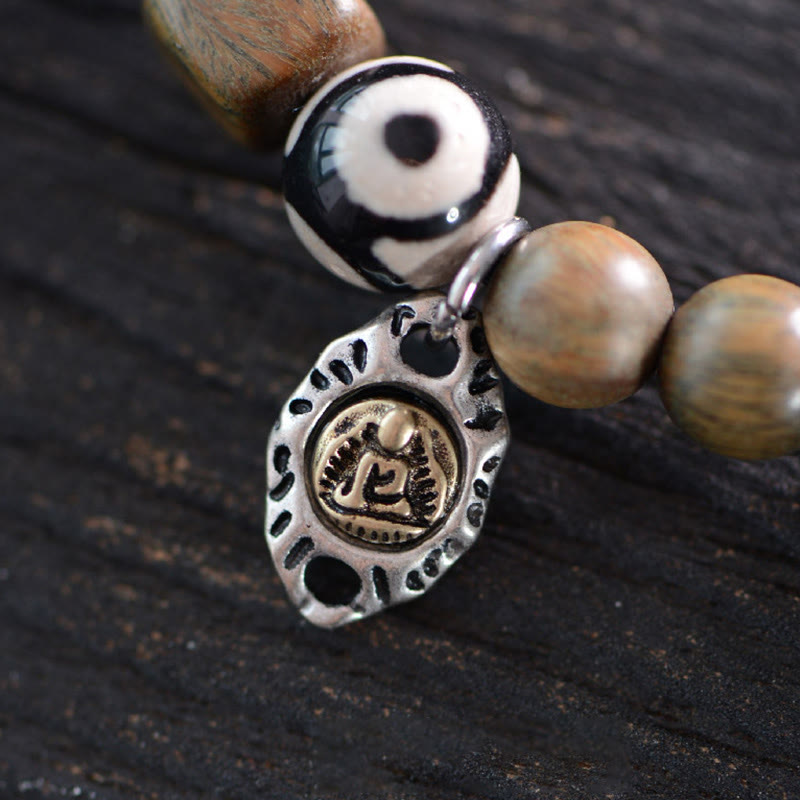 Stone of buddha Tibetan Green Sandalwood Ebony Wood Three-eyed Dzi Bead Fu Character Balance Peace Double Wrap Bracelet
