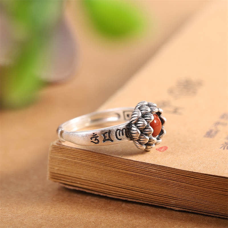 Stone of buddha925 Sterling Silver Lotus Red Agate Confidence Blessing Ring