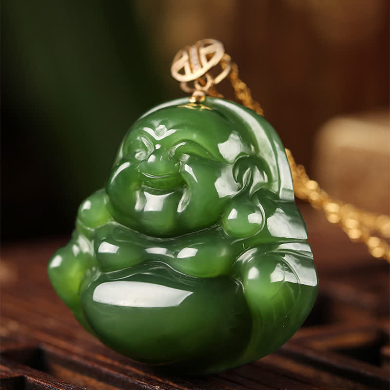 Stone of buddha 925 Sterling Silver Laughing Buddha Hetian Cyan Jade 18K Gold Success Necklace Chain Pendant