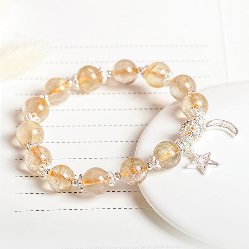 Stone of buddha 925 Sterling Silver Natural Citrine Happiness Moon Star Charm Bracelet