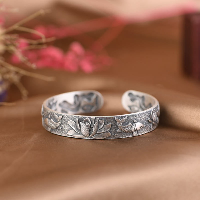 Stone of buddha 999 Sterling Silver Luck Koi Fish Lotus Wealth Bracelet Bangle