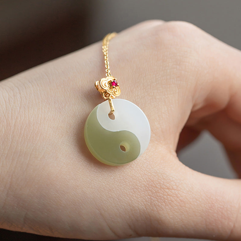 Stone of buddha Yin Yang Jade 18K Gold Luck Prosperity Necklace Pendant