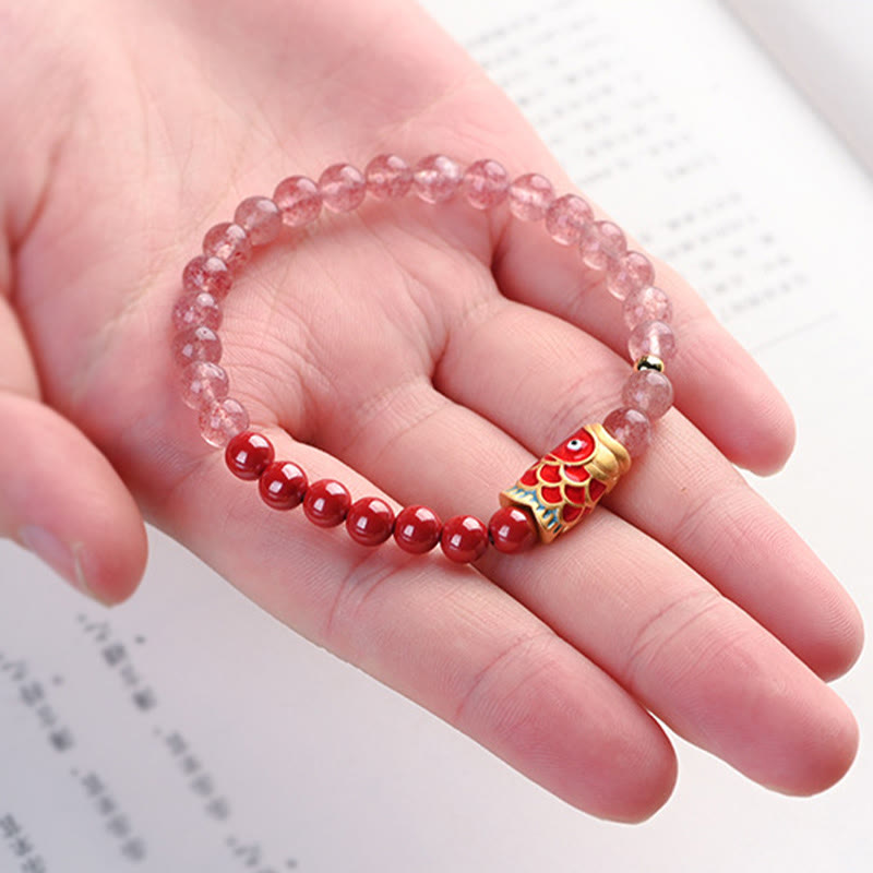 Stone of buddha Natural Strawberry Quartz Cinnabar Lucky Koi Fish Healing Bracelet
