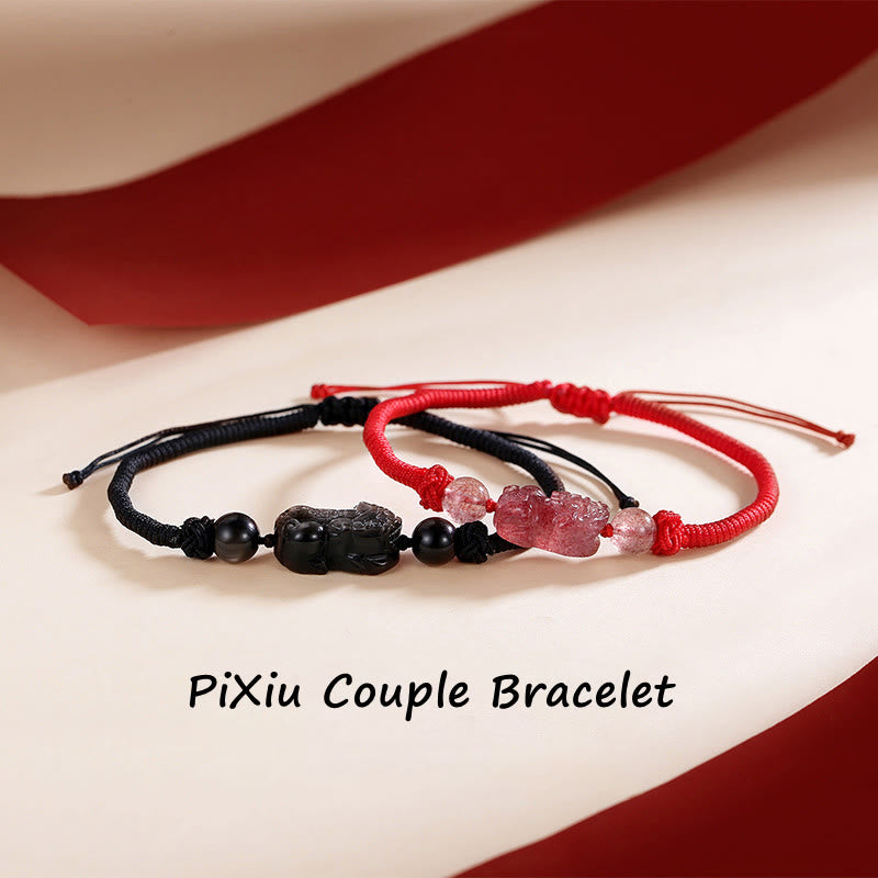 Stone of buddha Handmade Natural Silver Sheen Obsidian Strawberry Quartz PiXiu Protection Braided Bracelet