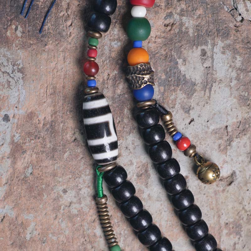 Stone of buddha 108 Beads Mala Ebony Wood Dzi Bead Copper Balance Tassel Bracelet